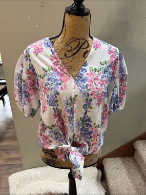 Floral Tie-Front V-Neck Top - Pink & Purple